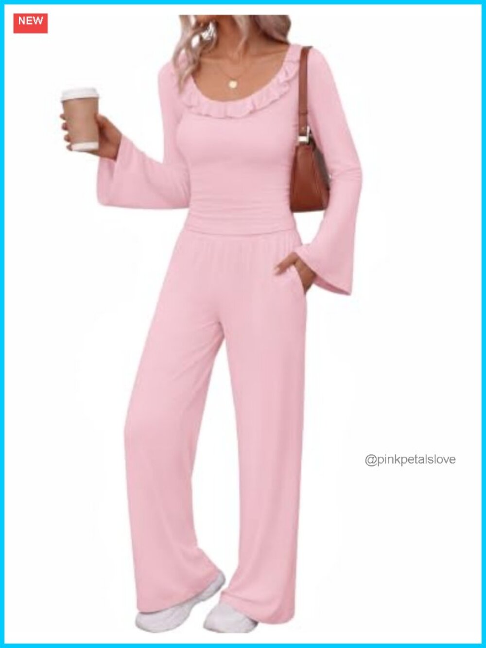 Ekouaer 2 Piece Lounge Set Bell Long Sleeve Pajamas Outfits Wide Leg Pants